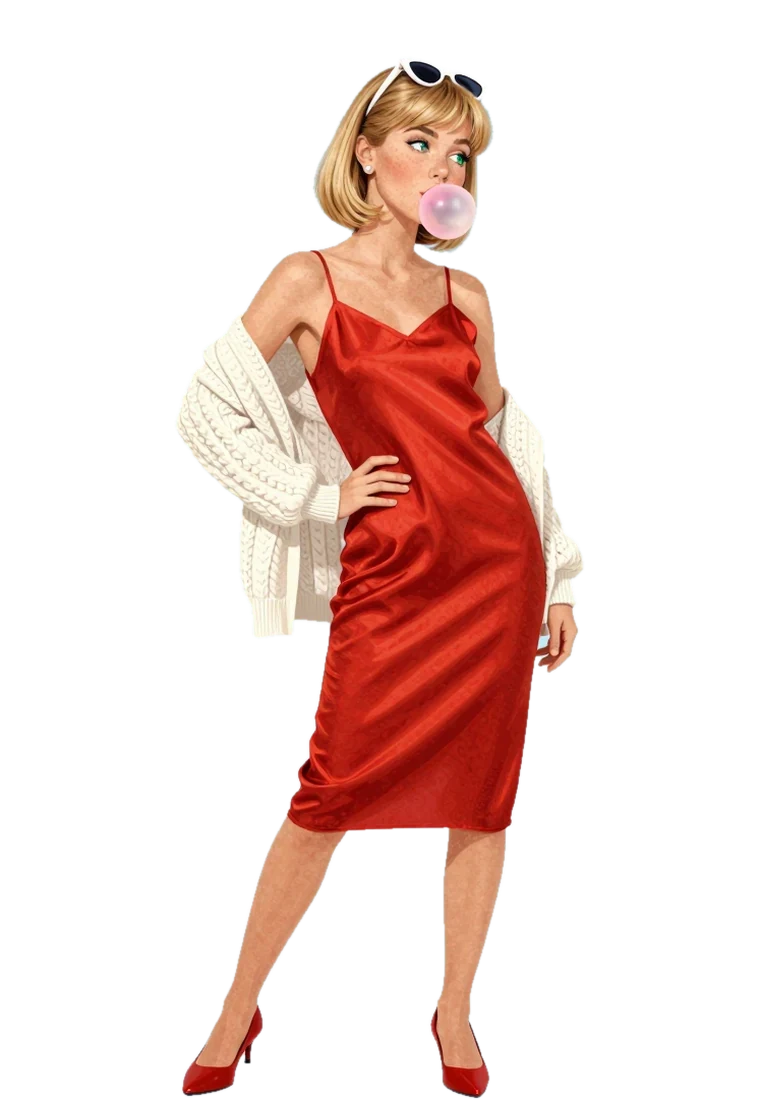 Aria, the heiress of the house, in a red slip dress and a white cardigan, hand on hip, blowing a pink bubble.