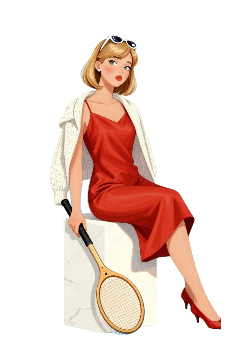Aria sitting on a marble block with a tennis racket.