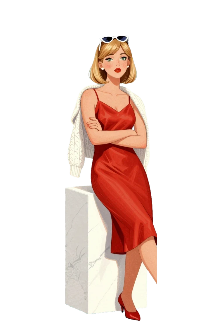 Aria at the door, arms crossed, sitting on a marble block, unimpressed.