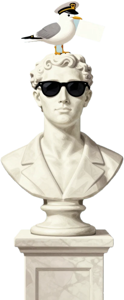 The Captain, a seagull in a captain's cap holding a card, perched on a marble bust in sunglasses.