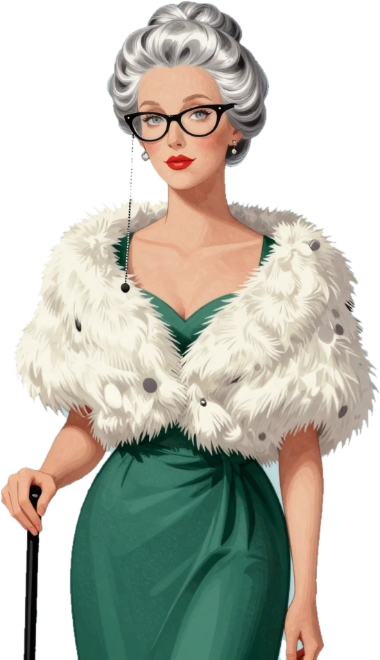 Contessa Vera, eighty-four, silver chignon and cat-eye glasses, in an emerald gown and a white fur stole.
