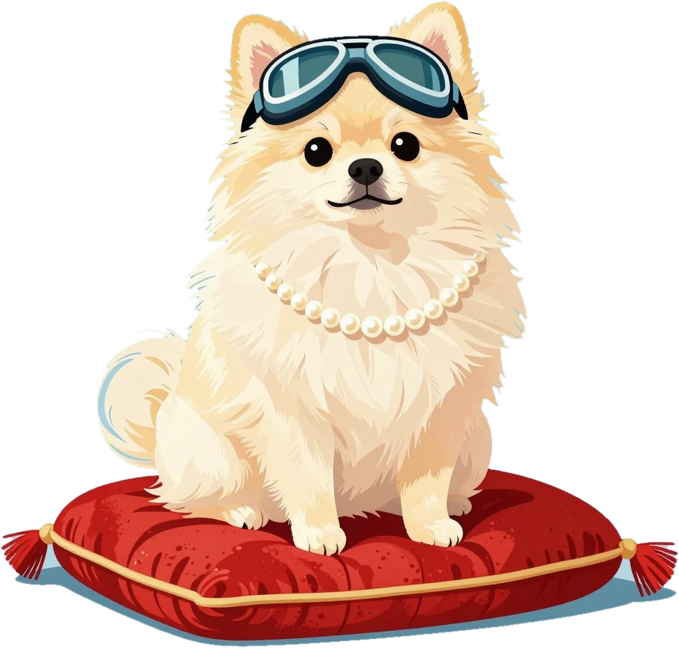 Principessa, a cream Pomeranian in pearls and ski goggles, on a red cushion.