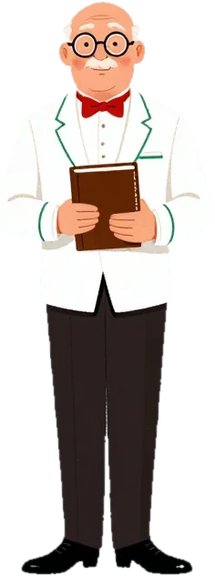 A Valet in round glasses holding the ledger.
