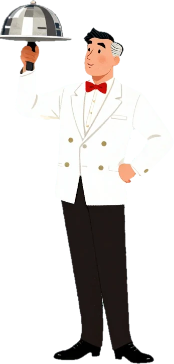 A Valet in a white jacket lifting a silver cloche.