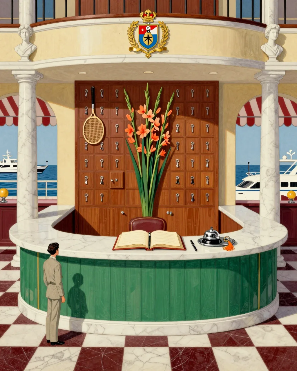 The reception of the hotel: a green and marble desk with the guest register open, a chrome bell, and a wall of room keys behind.