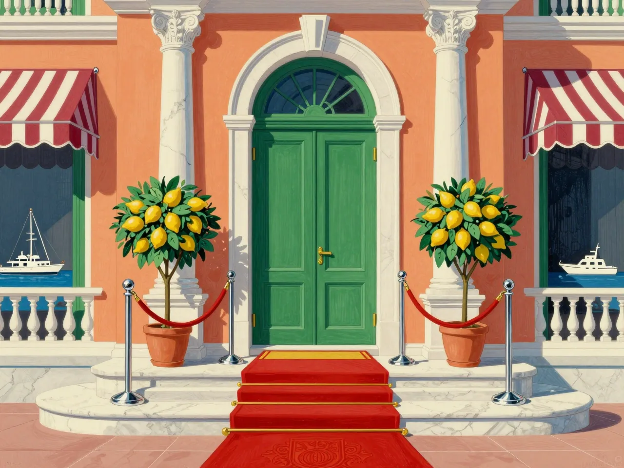 A green villa door behind a red velvet rope on chrome posts, lemon trees on either side and a red carpet up the marble steps.