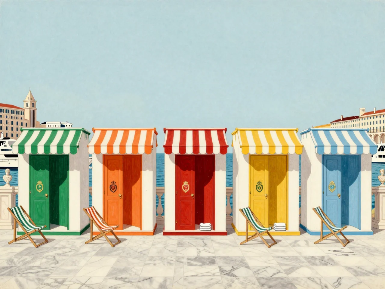 A row of five beach cabanas on a marble promenade, each with its own striped awning: green, tangerine, red, yellow and blue.