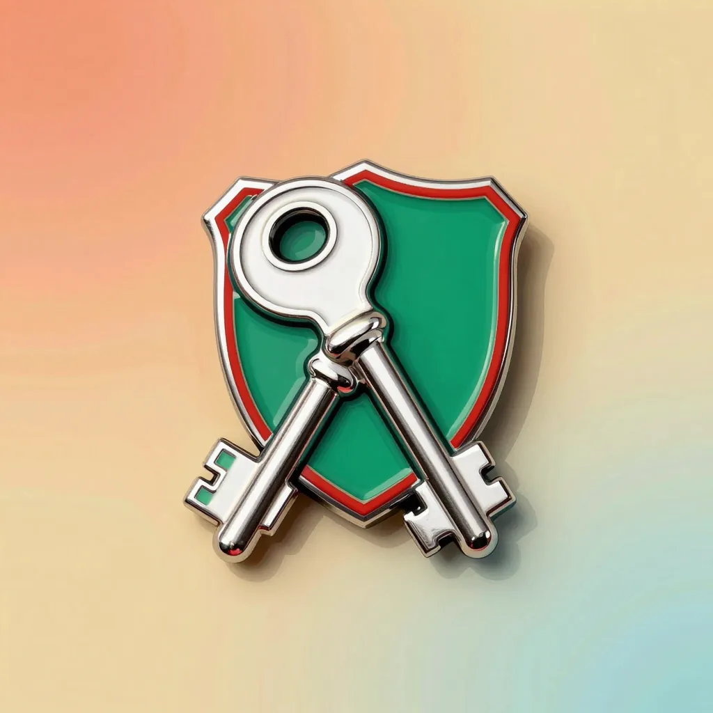 An enamel pin of two crossed chrome keys on an emerald shield.