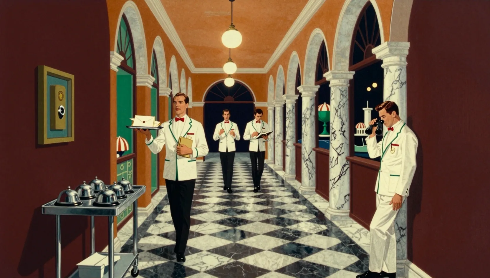 The service corridor of the hotel at night, Valets in white jackets coming back from their errands with letters, a ledger and binoculars.