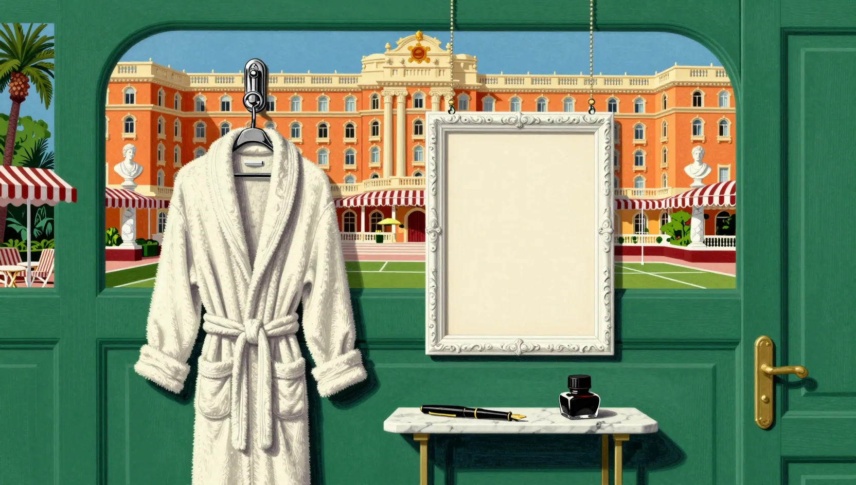 The back of a green hotel room door: a white robe on a chrome hook, a blank frame for the house rules, a fountain pen and ink on a marble shelf.