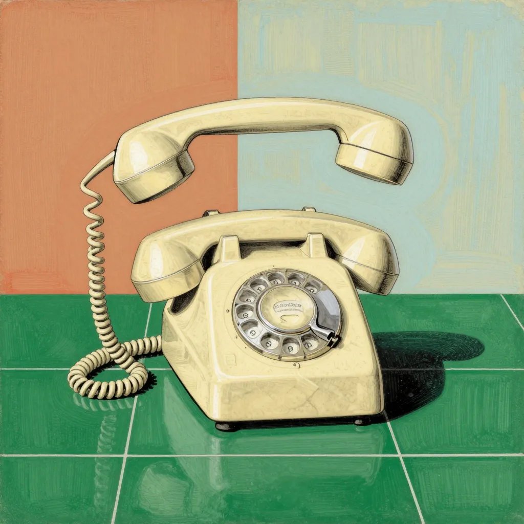 A cream telephone on a green tiled floor, its receiver jumping off the cradle as it rings.