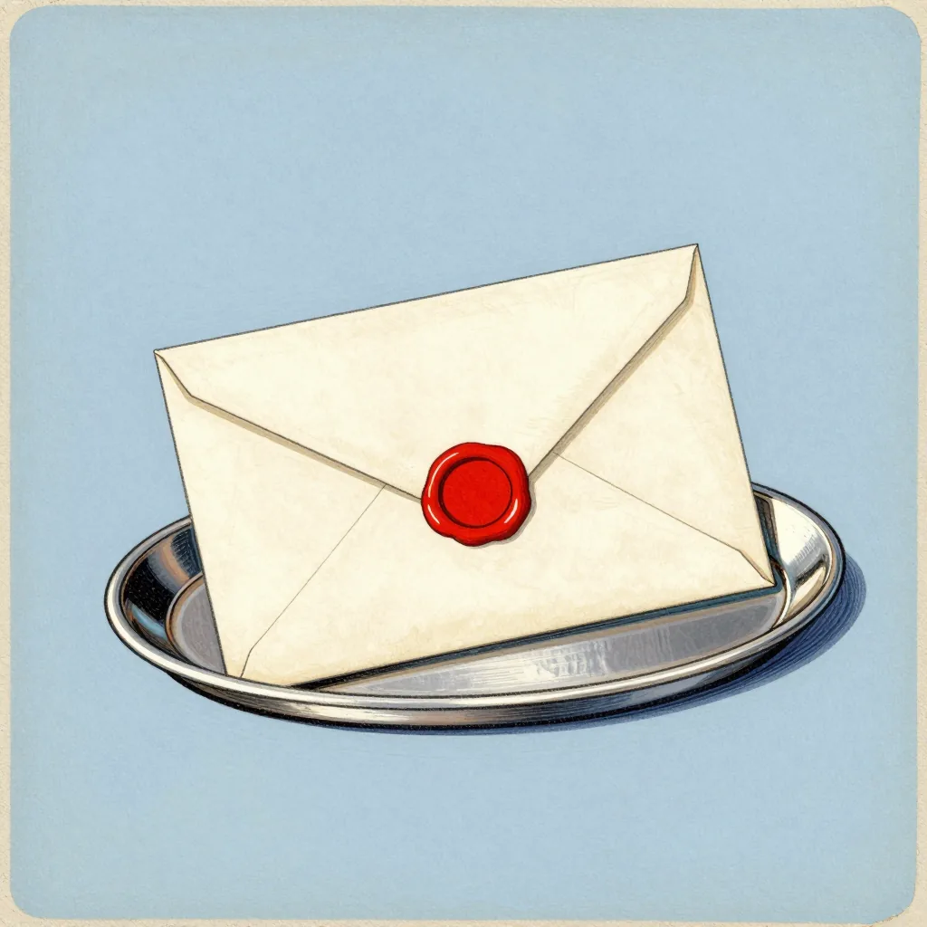 A sealed envelope on a silver tray.