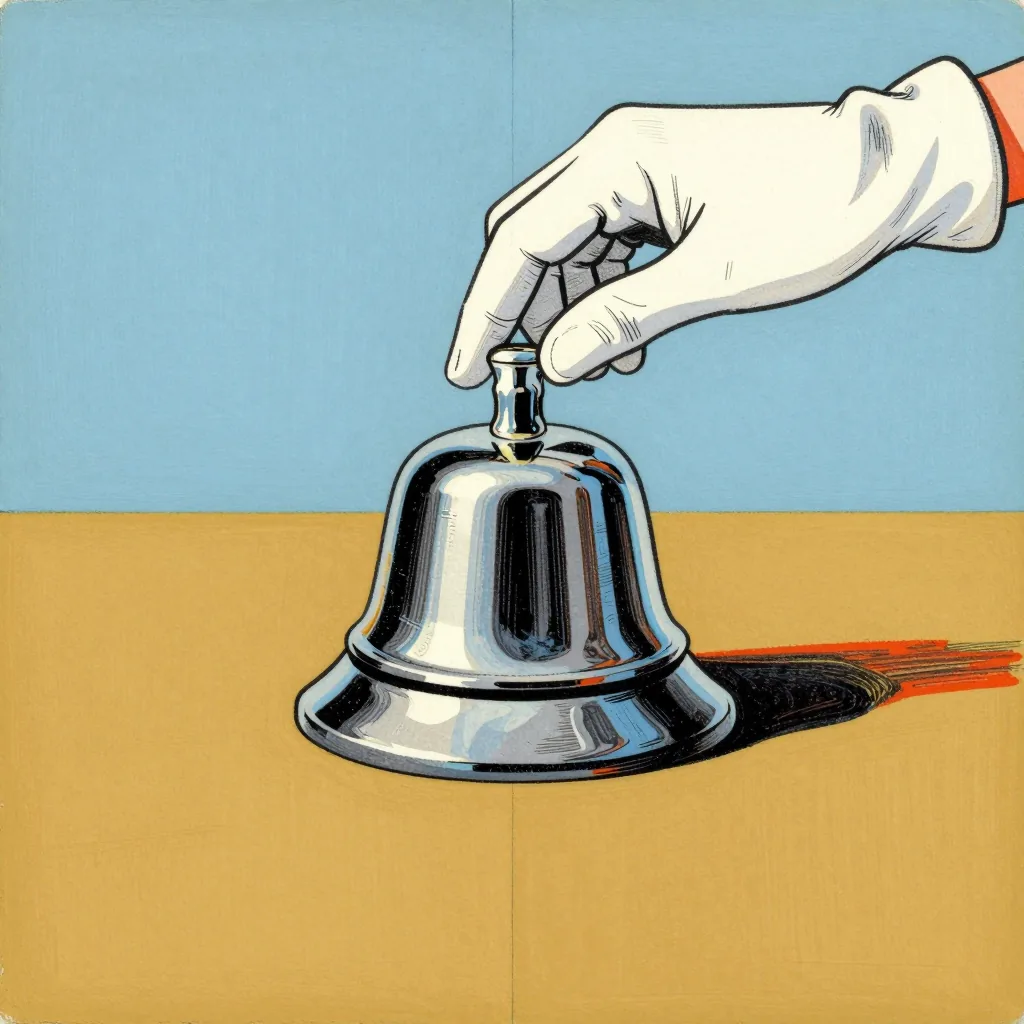 A gloved hand ringing a chrome service bell.