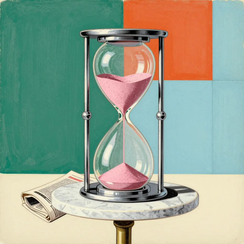 An hourglass on a marble side table.