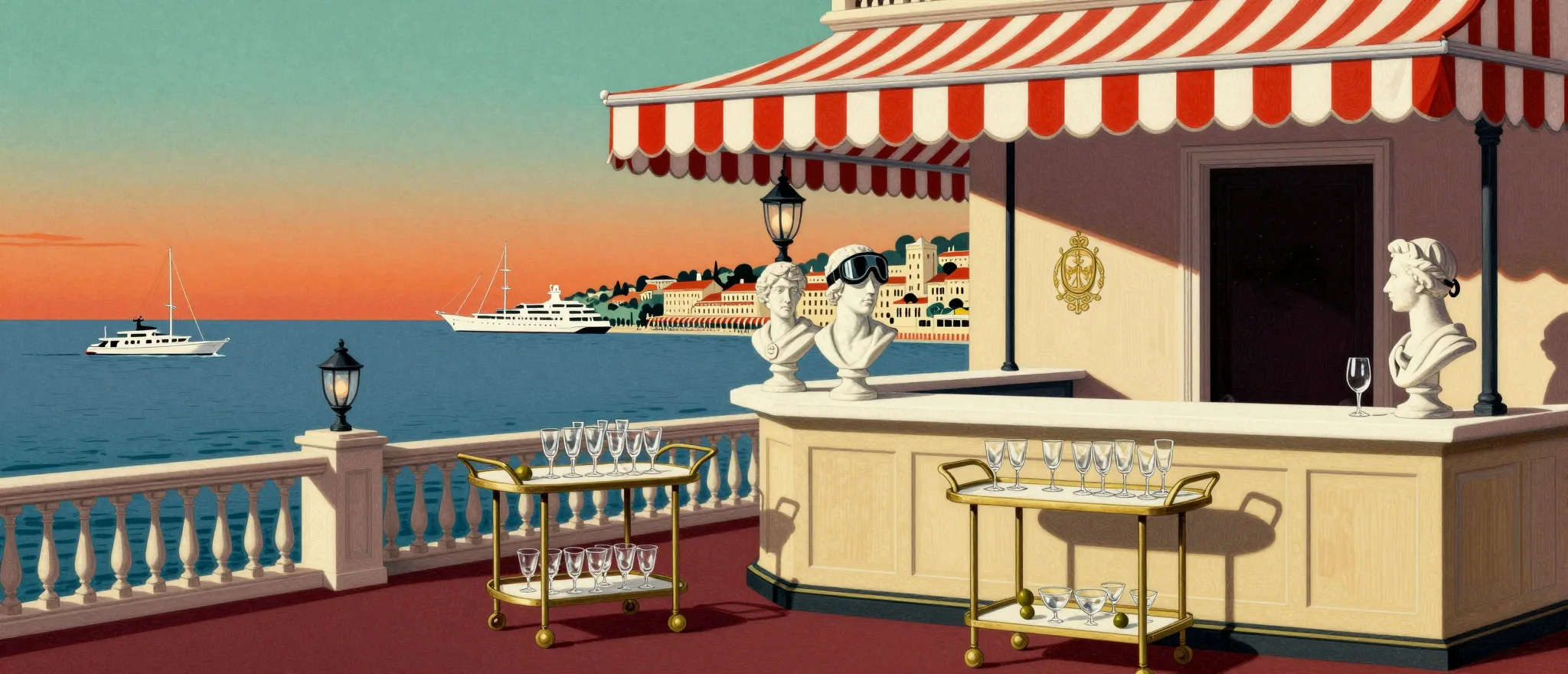 The hotel terrace at sunset, set for aperitivo under a red and white awning, the sea turning burgundy.
