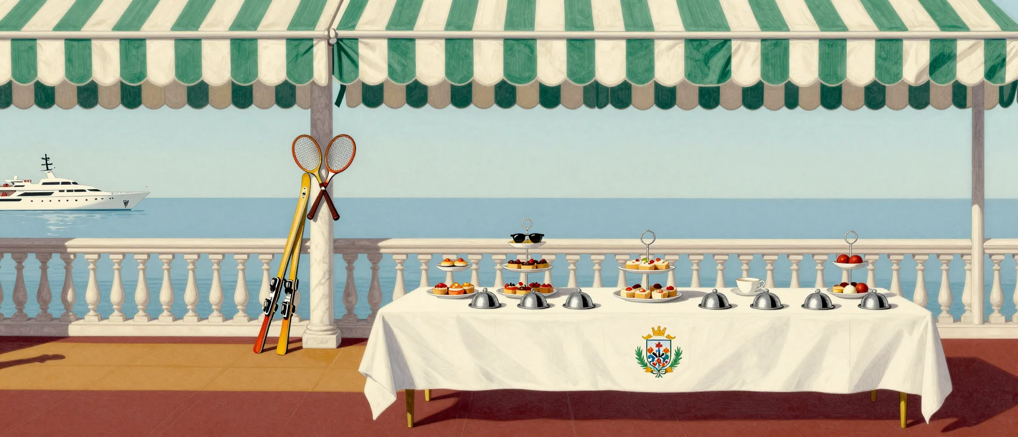 The hotel terrace set for breakfast above the sea under a green and white awning, silver cloches on a white tablecloth with the crest.