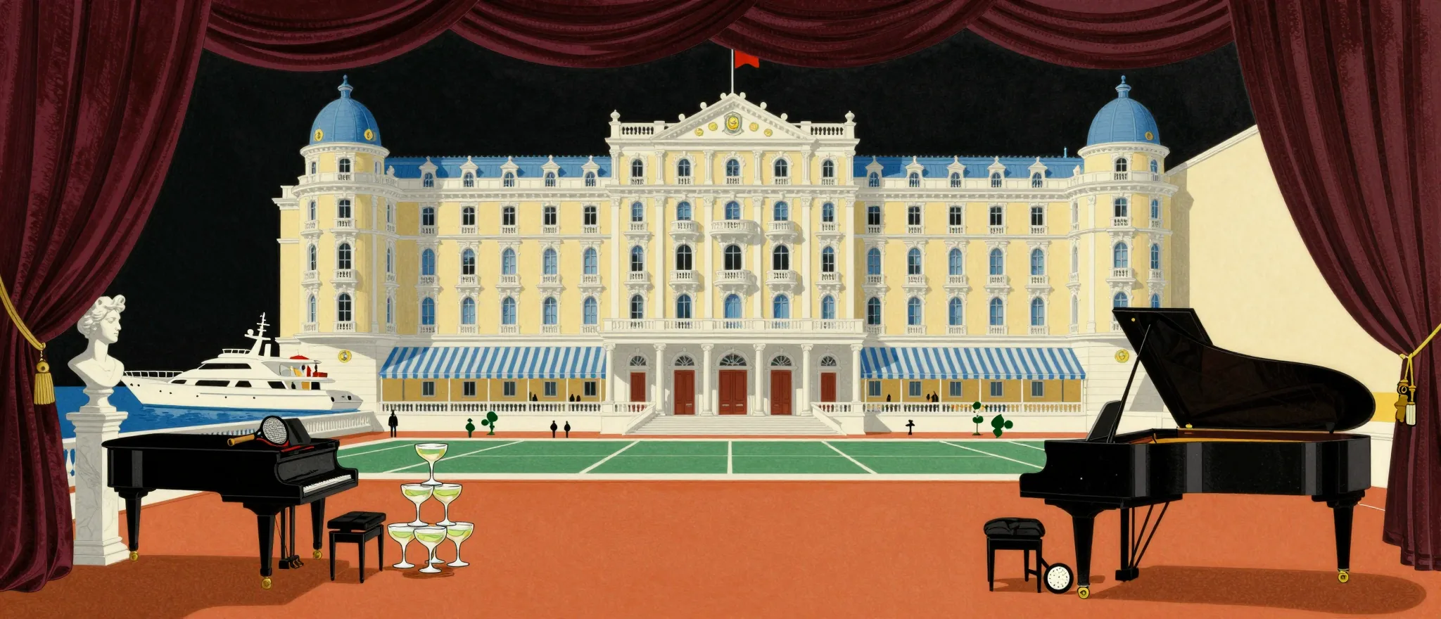 The terrace at three in the morning: velvet curtains, two grand pianos, a tower of coupes, the grand hotel lit up behind.