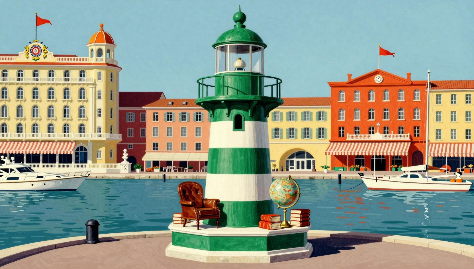 A green and white striped lighthouse in the harbor, its base furnished like a study with an armchair, books and a globe.