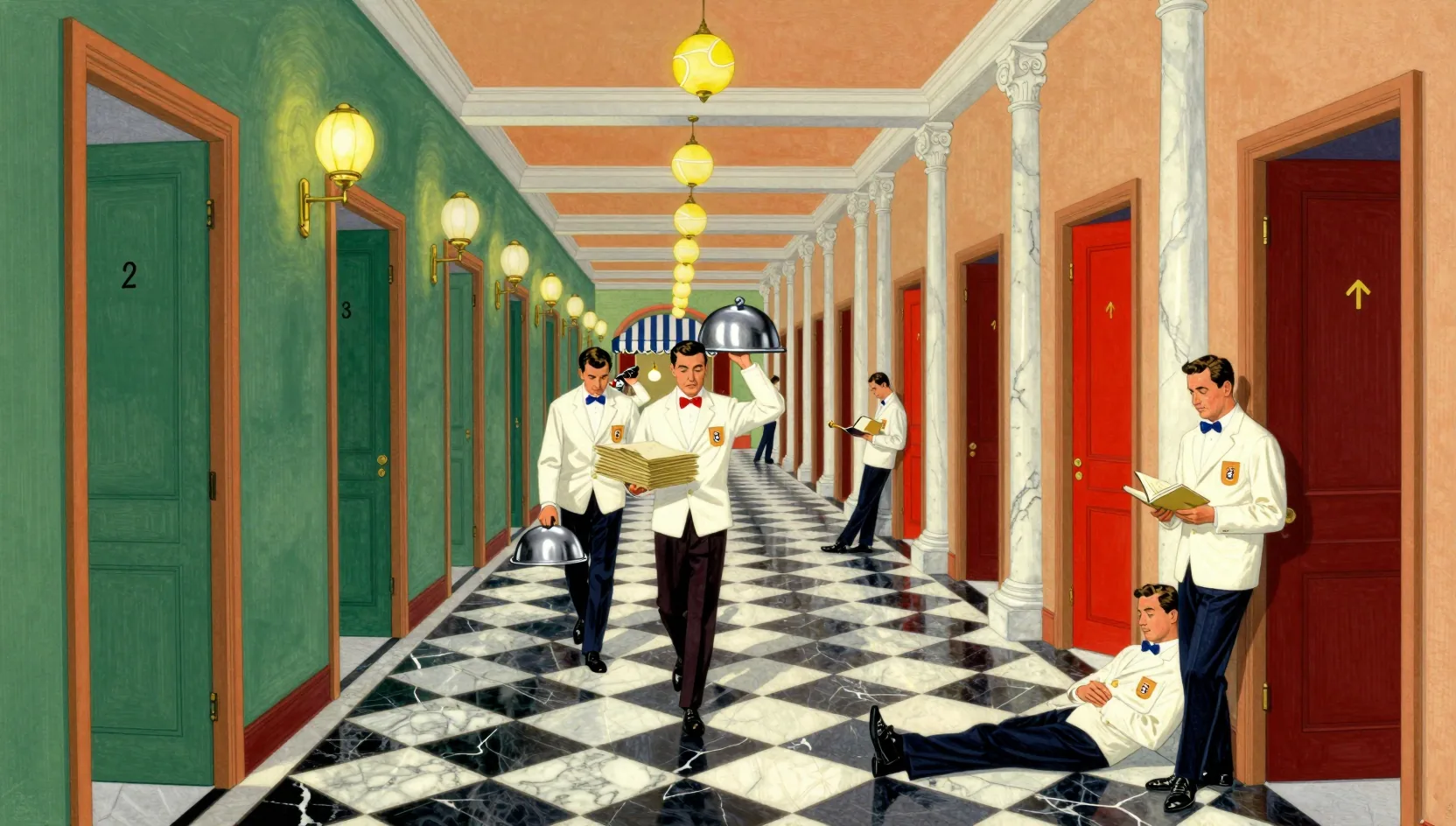 A hotel corridor at night, checkered marble floor and colored doors, Valets in white jackets carrying papers and silver cloches.